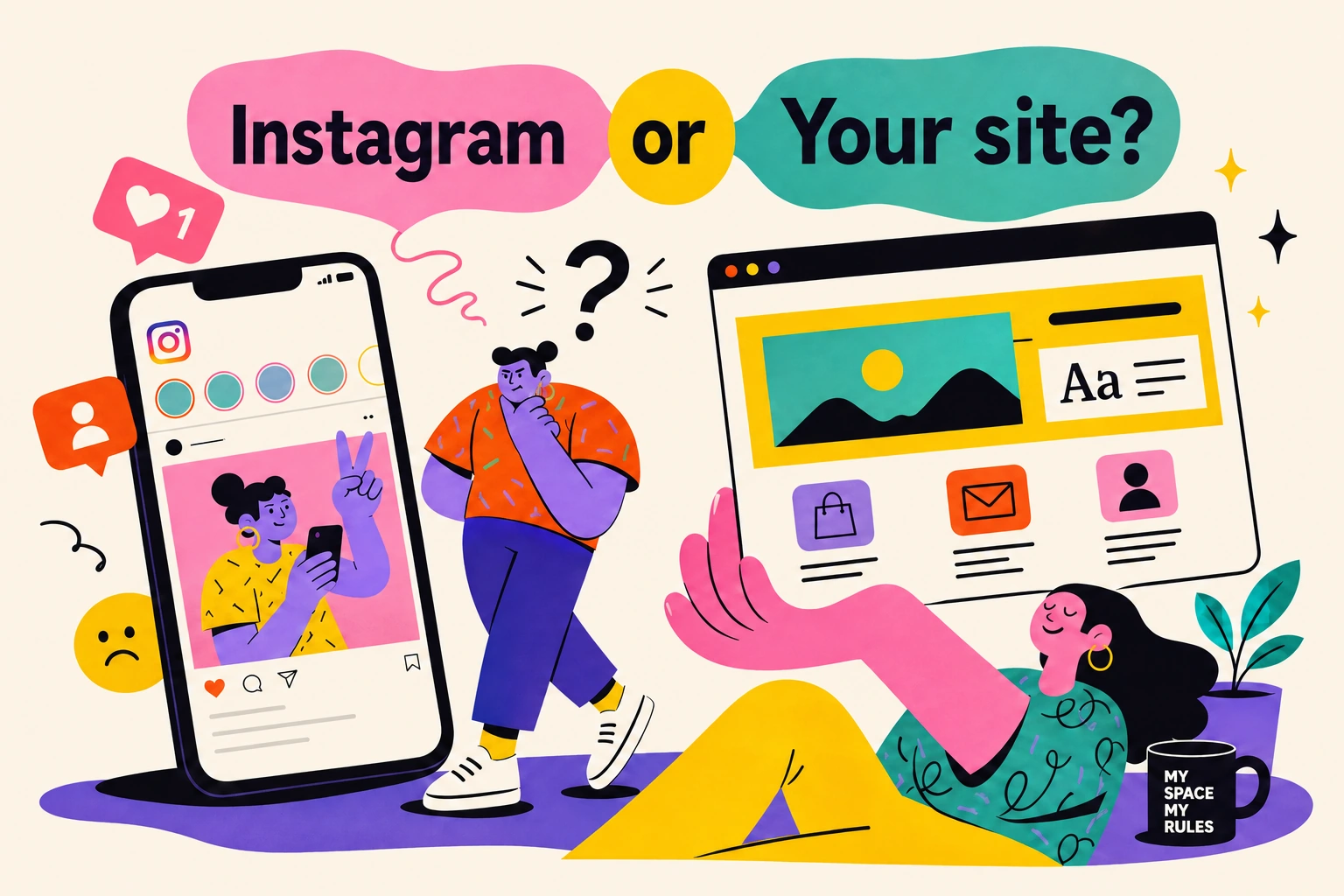 A professional comparing a social profile and a website of their own on two screens.