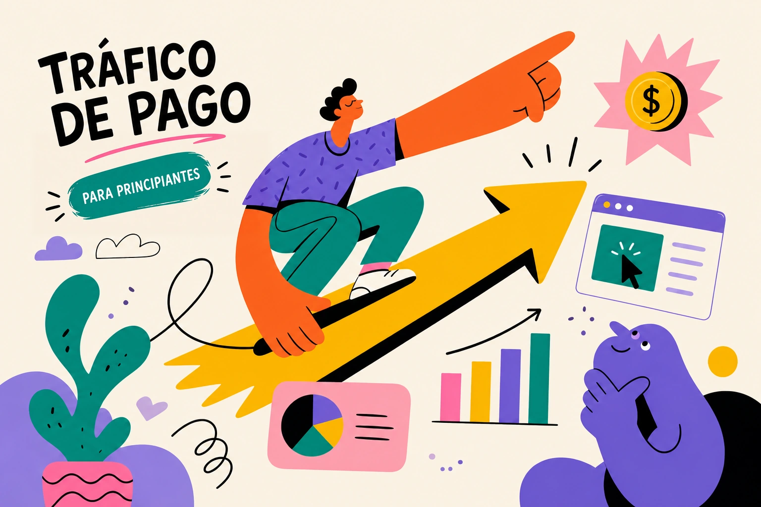 Pantalla con una campaña de anuncios, una página de destino y un panel de conversiones conectados.