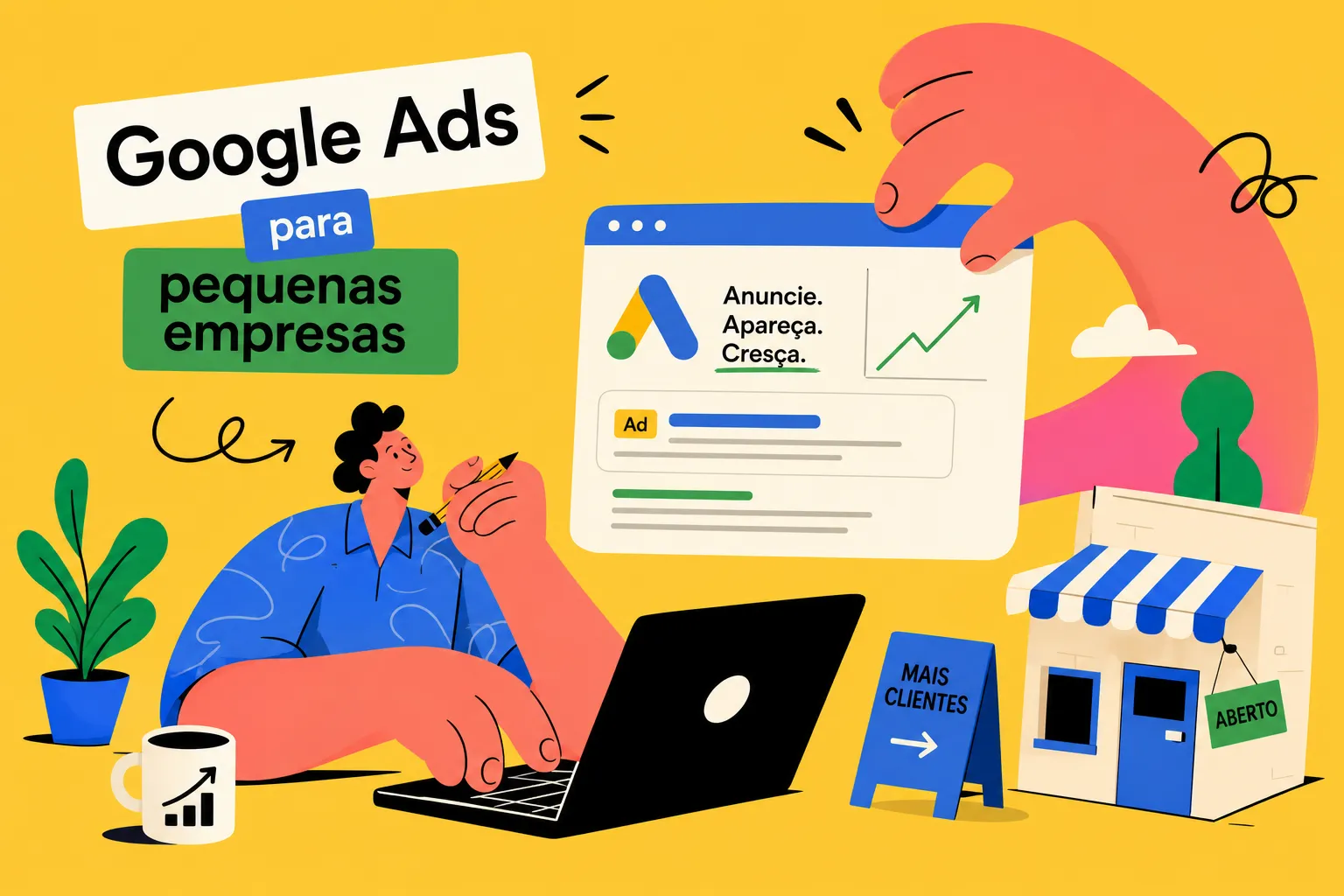 Pequeno negócio avaliando campanha de Google Ads, página de destino e contatos recebidos.