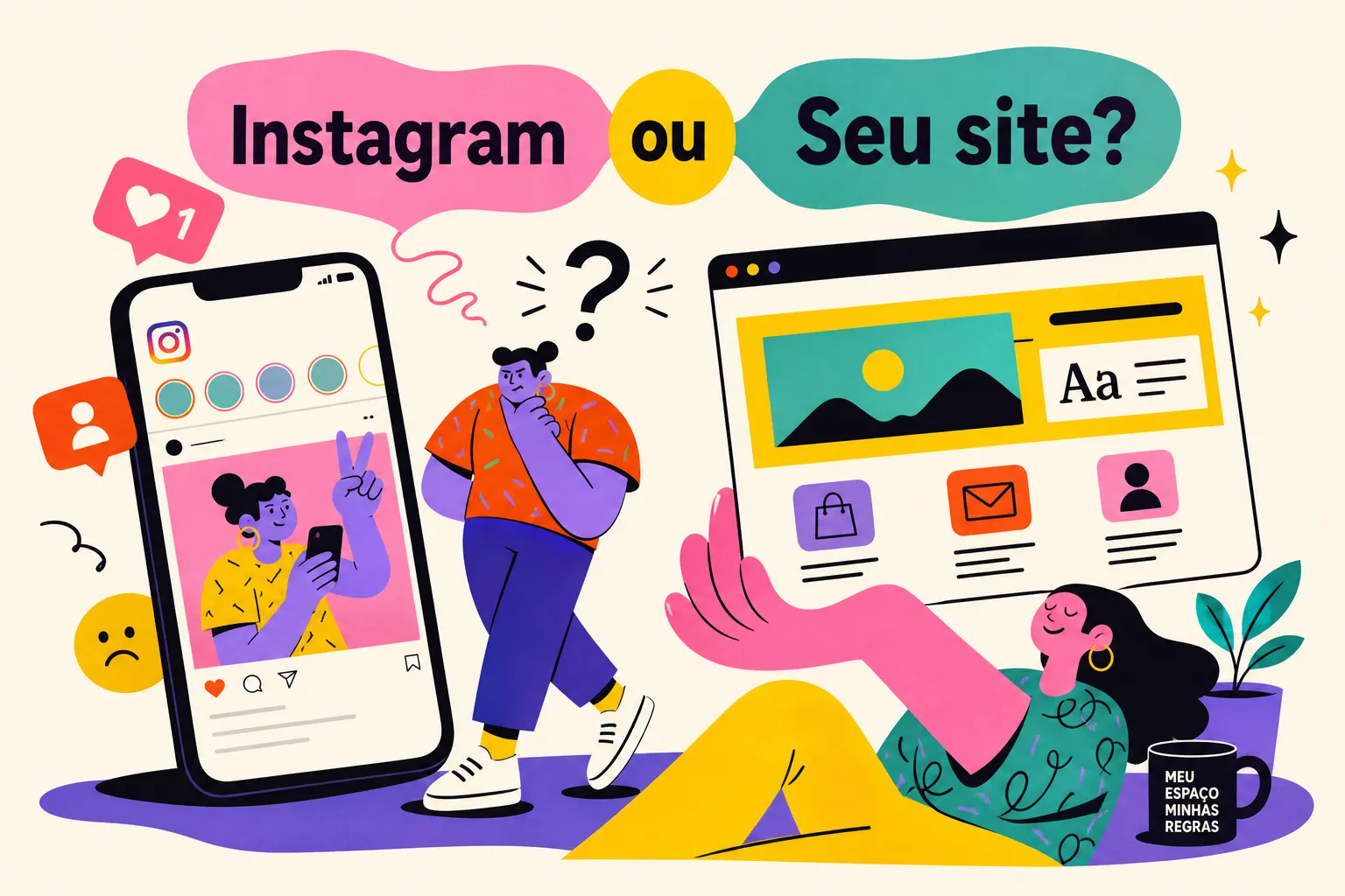 Profissional comparando um perfil social e uma página própria em duas telas.