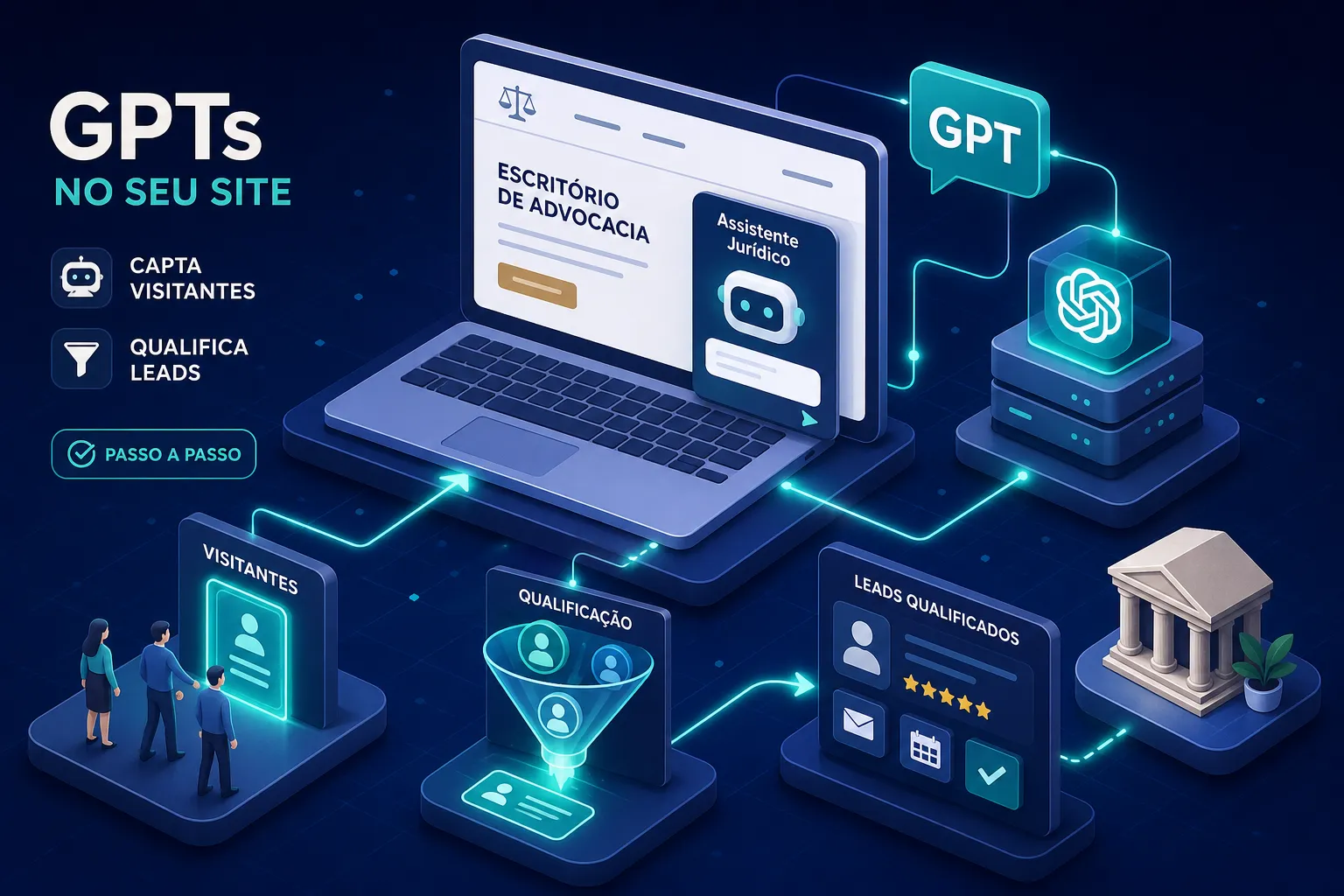 Ilustração de notebook com site de advocacia e assistente virtual, conectado a GPT, visitantes, funil de qualificação e contatos.