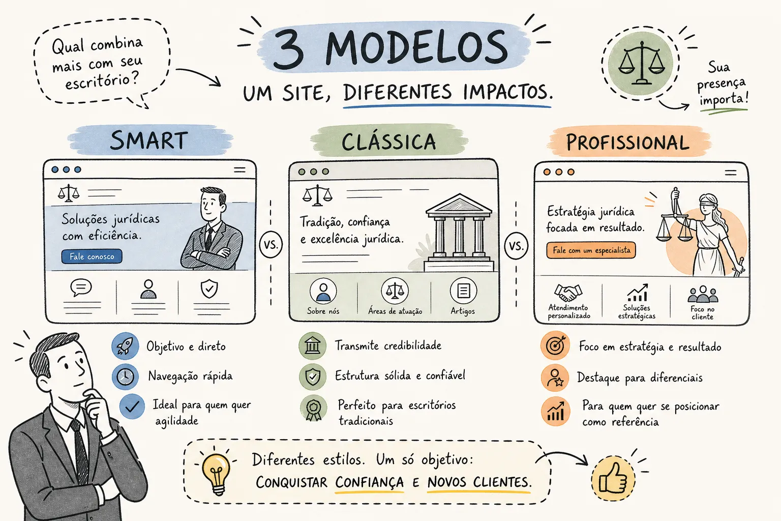 Infográfico ilustrado com três modelos de site jurídico, Smart, Clássica e Profissional, acompanhado de balanças e figura da Justiça.