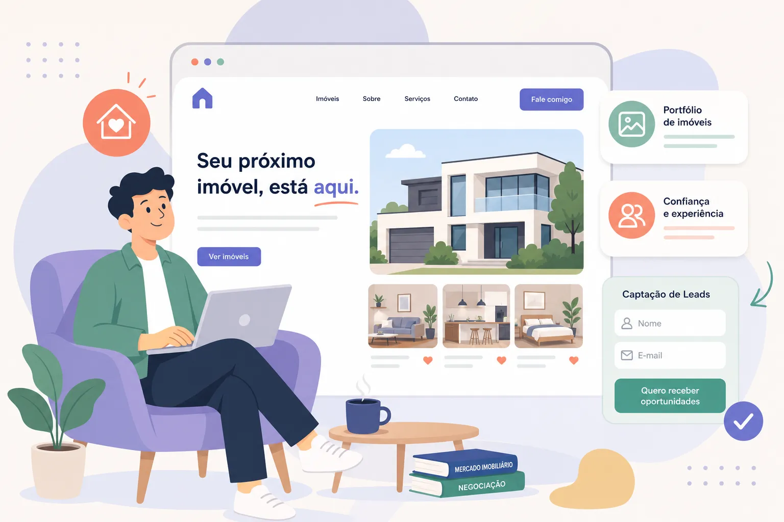 Ilustração de homem com notebook diante de um site imobiliário, com casa, ambientes internos e formulário de contato.