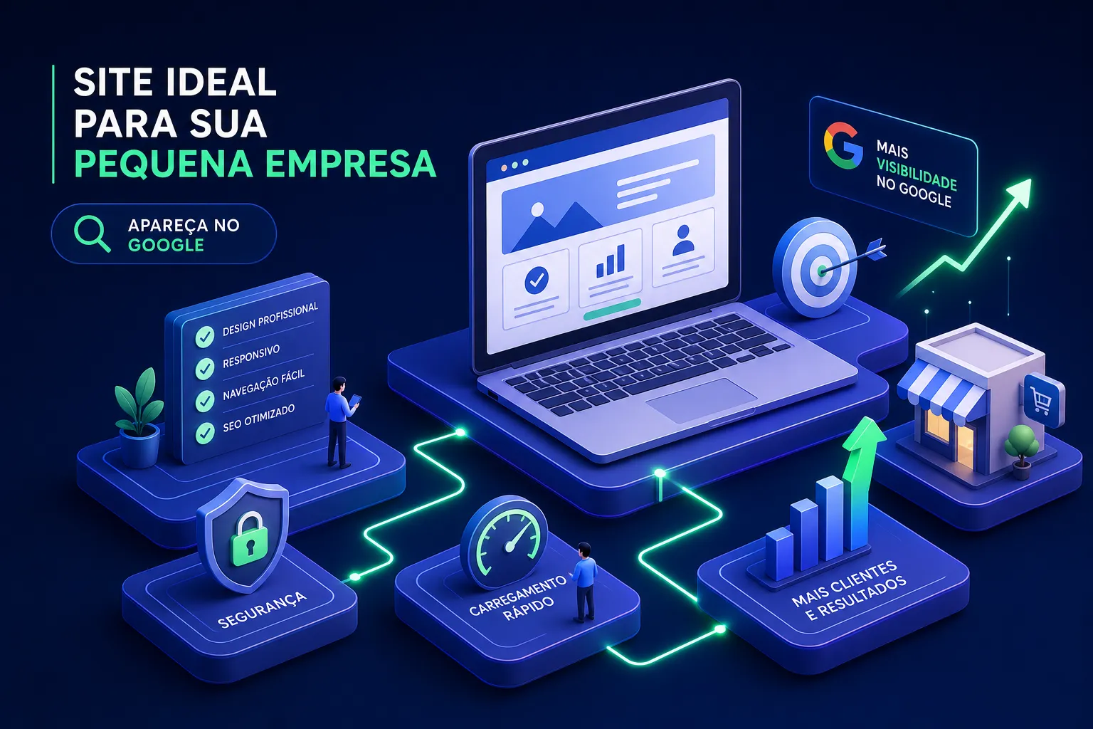 Ilustração de notebook com site, loja, alvo, gráfico crescente, cadeado e elementos de busca no Google, em azul e verde.