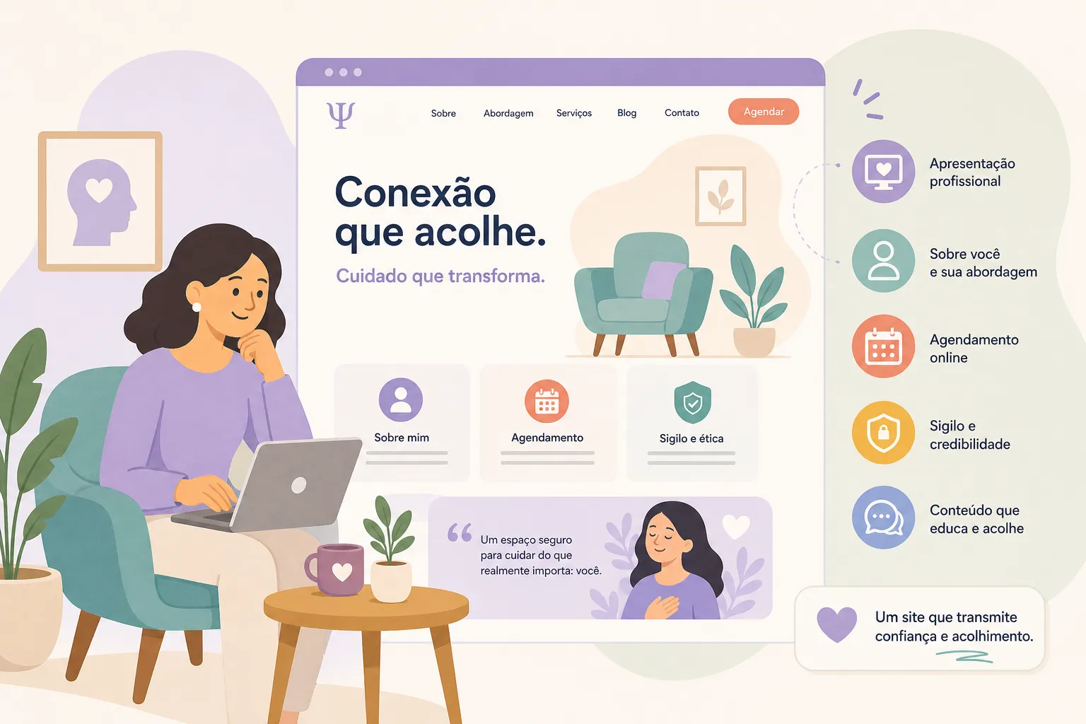 Ilustração de mulher com notebook diante de um site de psicologia, com apresentação profissional, agendamento e ícones de acolhimento.
