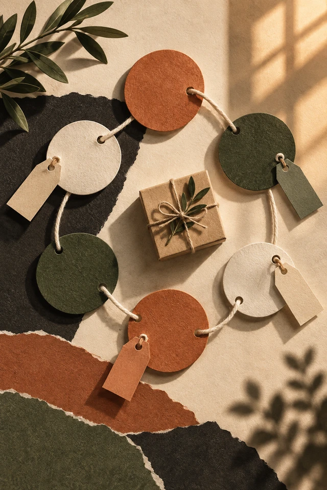 Colagem editorial de círculos de papel, etiquetas e caixa.