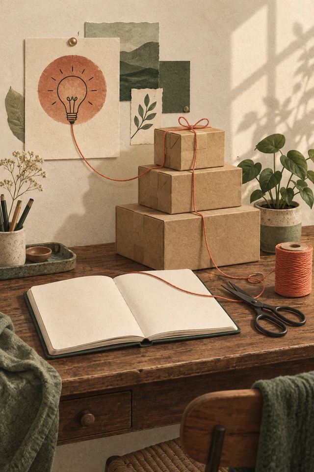Mesa com caixas neutras, caderno, tesoura e planta