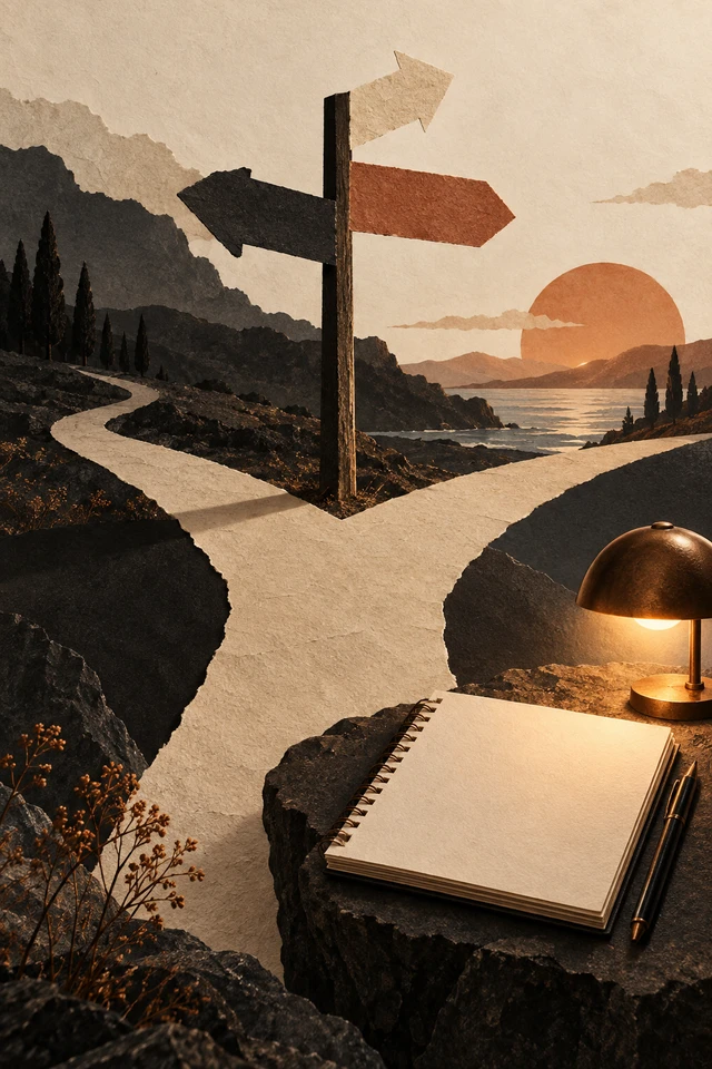 Colagem editorial de encruzilhada, caderno e pequena luz.