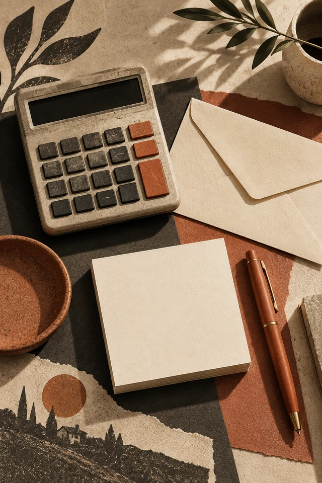 Colagem editorial de calculadora, envelope e bloco de notas.