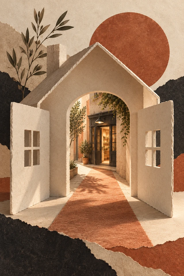Colagem editorial de casa aberta, corredor, vitrine e porta.
