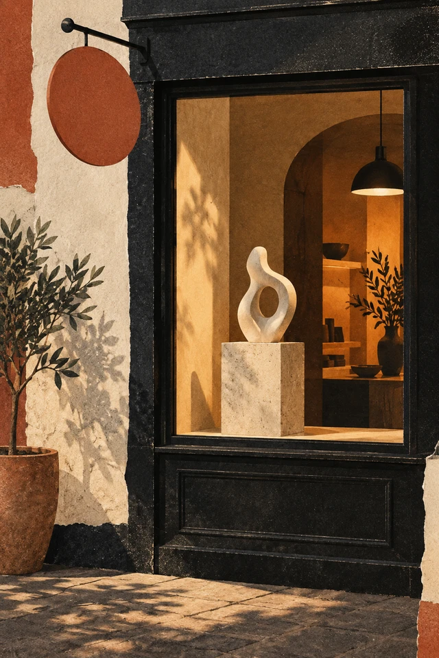 Colagem editorial de vitrine, objeto central e luz.