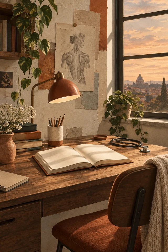 Colagem editorial de mesa, livro sem texto, cadeira, janela para ambiente de concentração para estudo.
