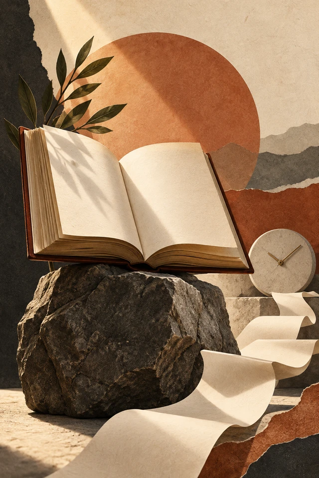 Colagem editorial de livro sem texto, pedra, luz, linhas de papel para credibilidade profissional responsável.