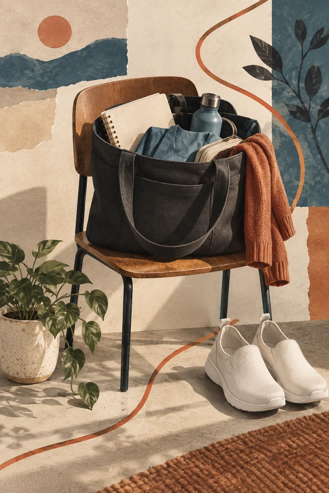 Bolsa neutra, sapatos, caderno e planta em composição editorial