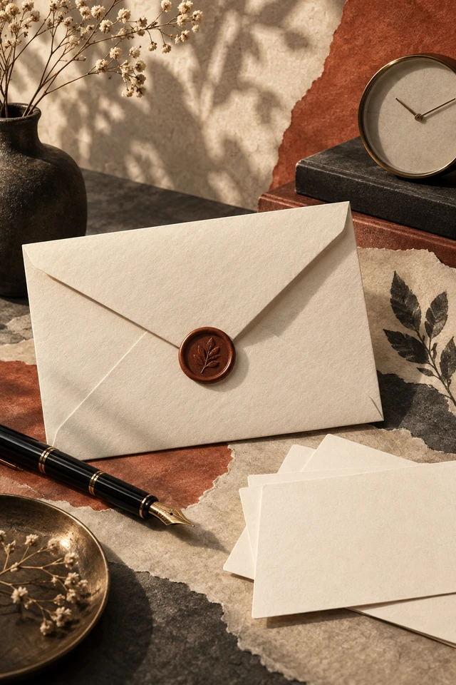 Colagem editorial de envelope, caneta, cartões em branco para clareza no contato profissional.