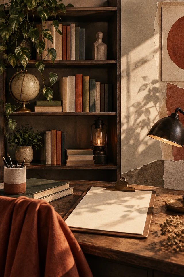 Colagem editorial de estante, prancheta, luz para espaço que reúne uma trajetória.