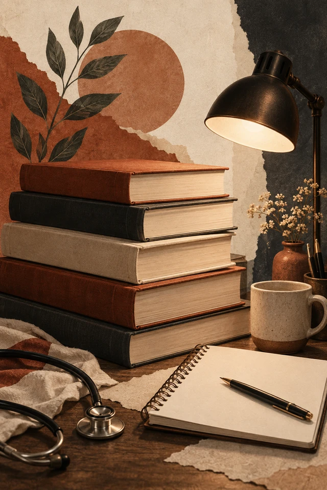 Colagem editorial de livros, bloco de estudos, luminária para atualização profissional em enfermagem.