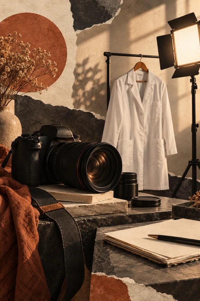 Colagem editorial de câmera, jaleco sem identificação, painel de luz para preparação de fotografia profissional sem retrato.