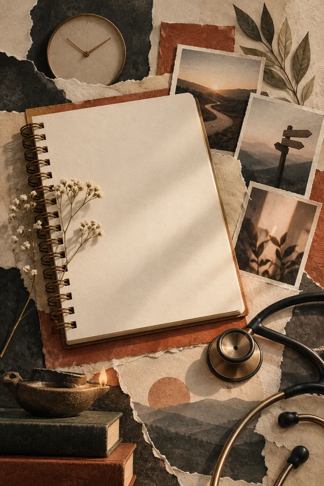 Colagem editorial de linha de recortes, fotos abstratas sem pessoas, caderno para narrativa visual de trajetória profissional.