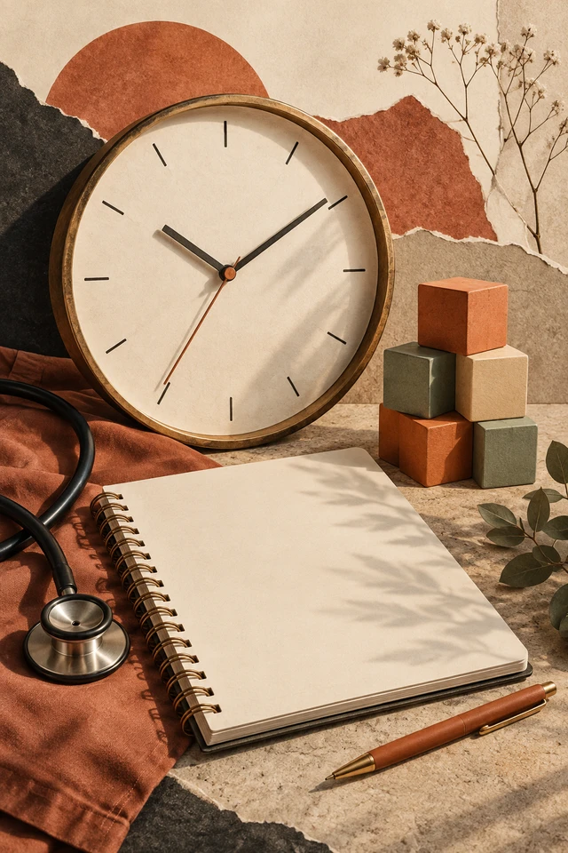 Colagem editorial de relógio sem números, cubos coloridos, agenda em branco para planejamento de turnos profissionais.
