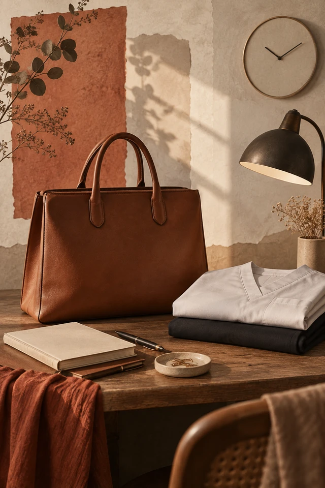 Colagem editorial de bolsa de trabalho, roupa dobrada, cadernos e luminária para preparação profissional.