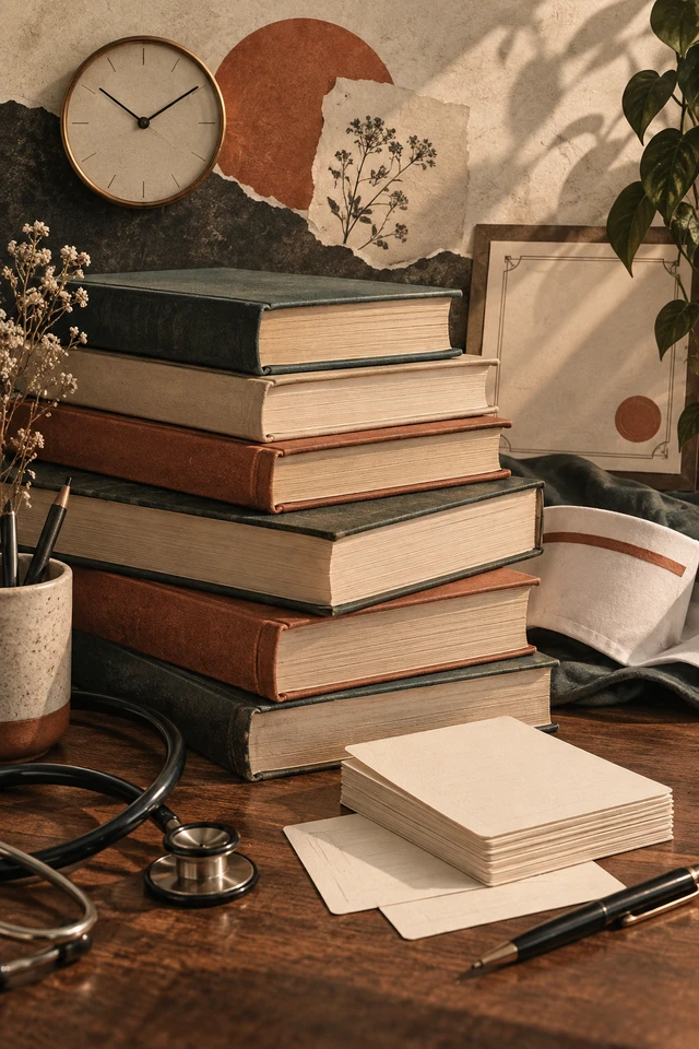 Colagem editorial de livros, fichas em branco, certificado abstrato para organização do repertório de estudos.