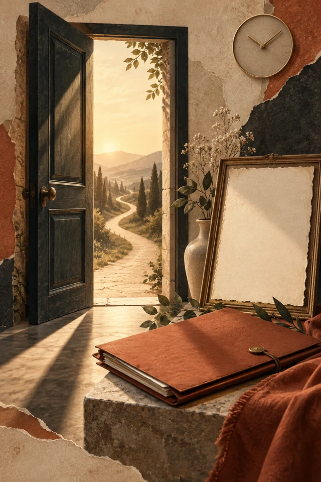 Colagem editorial de porta, pasta, moldura de página vazia para vitrine digital da trajetória em enfermagem.