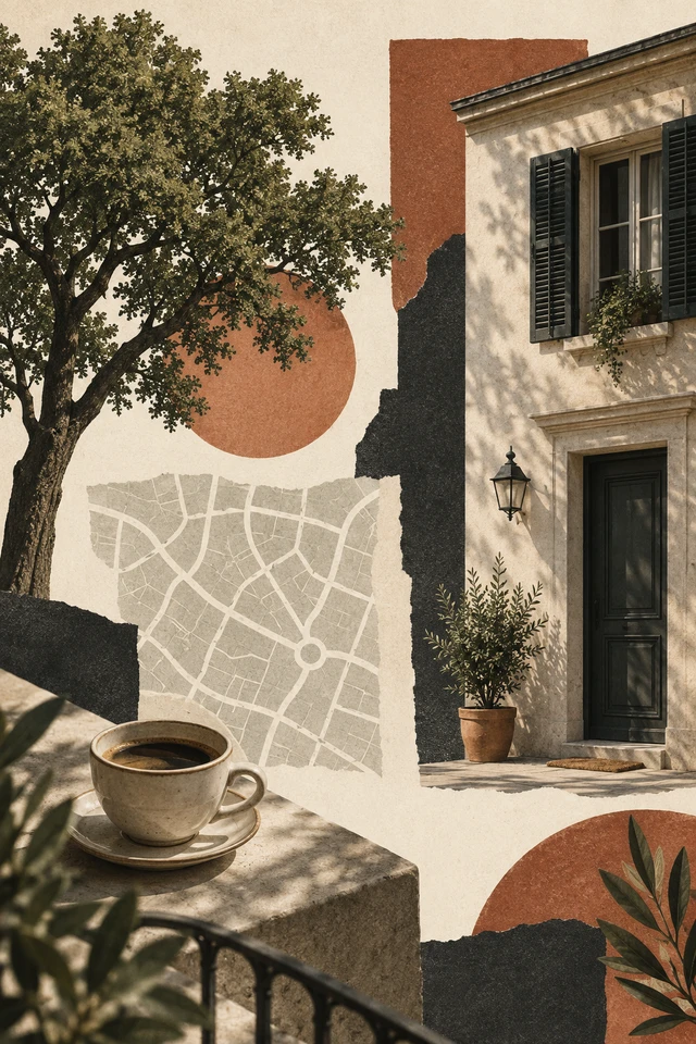 Colagem editorial de mapa abstrato, árvore, café e fachada.