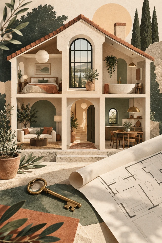 Casa em recorte de papel com janela, planta, chave e planta baixa