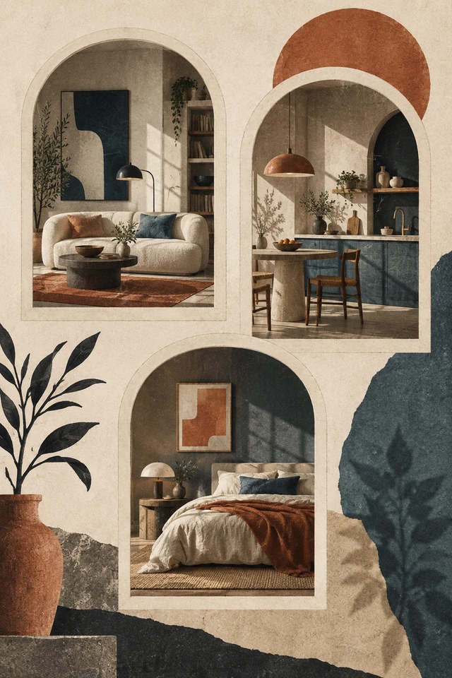 Colagem editorial de três janelas com ambientes variados.