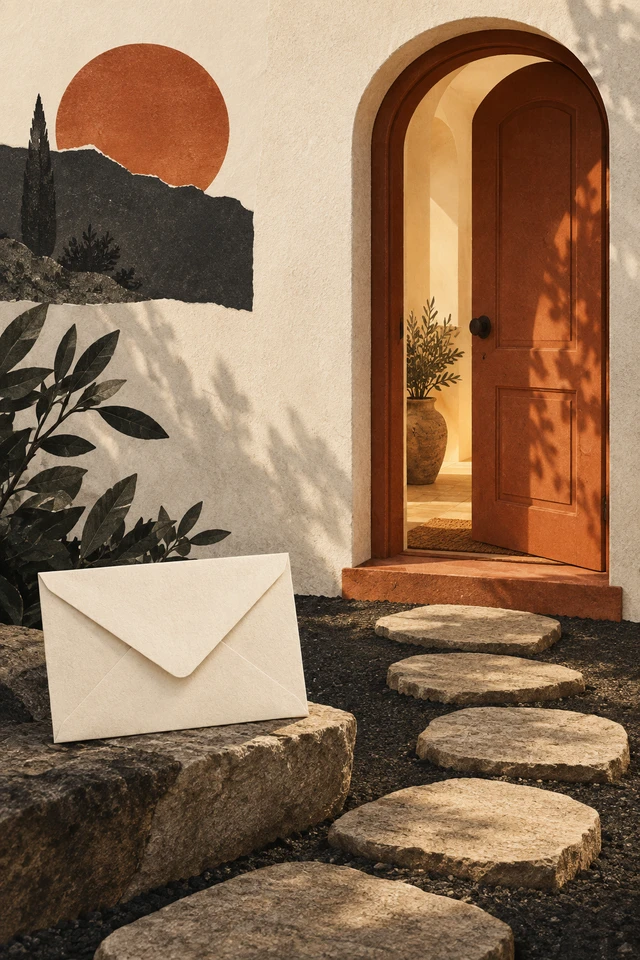 Colagem editorial de caminho de pedras, porta e envelope.