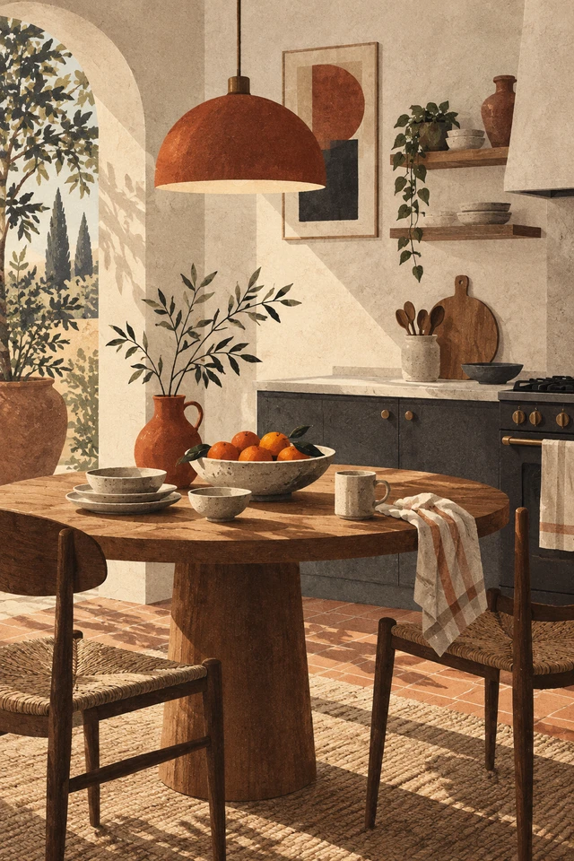 Colagem editorial de mesa, louça e luminária em cozinha.
