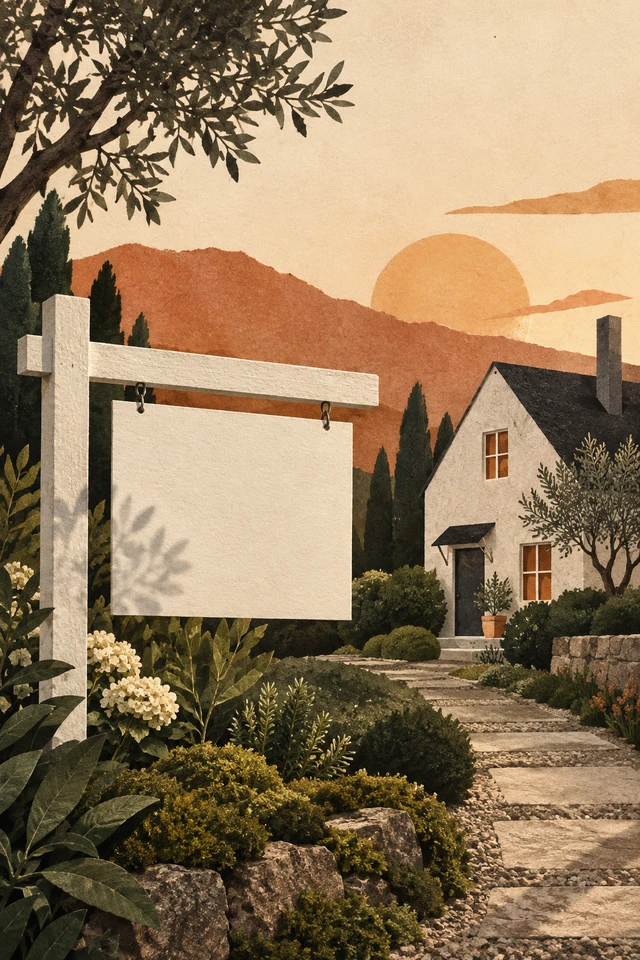 Colagem editorial de placa em branco, jardim e casa.