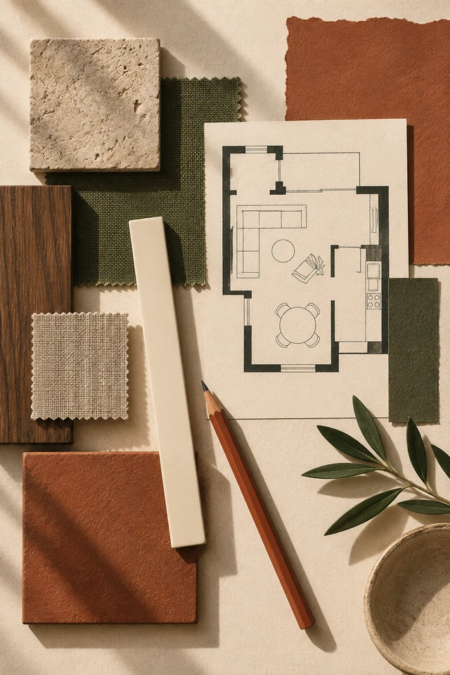 Colagem editorial de materiais, régua, planta e lápis.