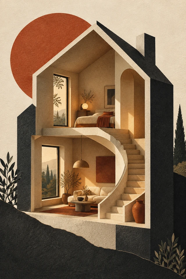 Colagem editorial de casa em camadas, escada e janelas.