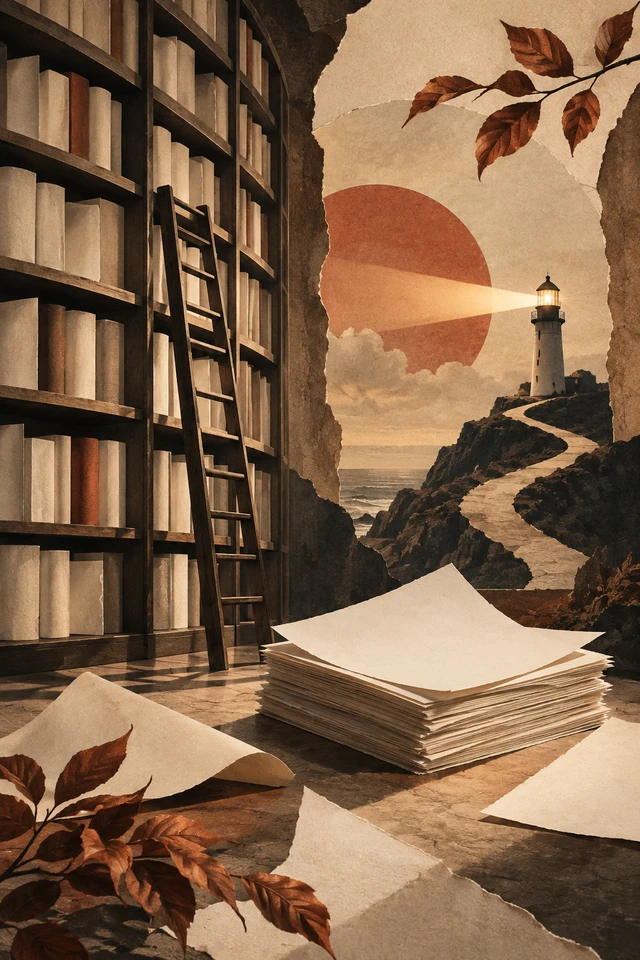 Colagem editorial de biblioteca sem títulos, farol, folhas em branco para repertório útil que pode ser encontrado.