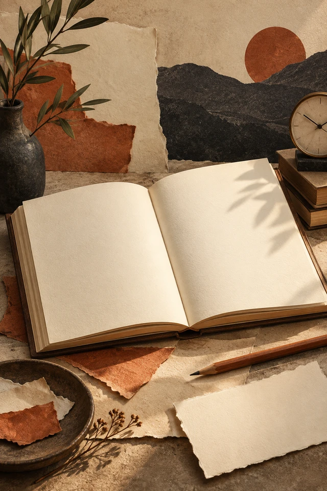 Colagem editorial de livro aberto em branco, lápis, peças de papel para conteúdo útil que esclarece serviços.