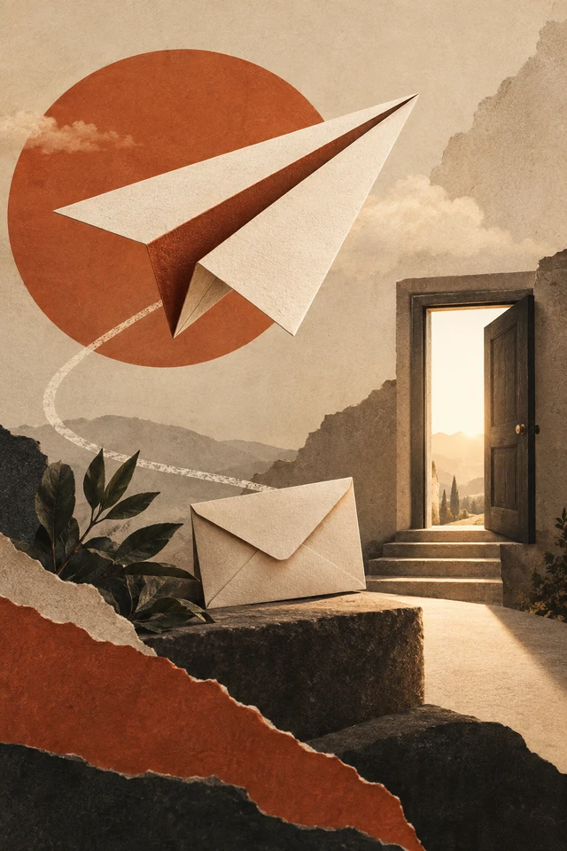 Colagem editorial de avião de papel, envelope e porta iluminada para um próximo passo de contato.