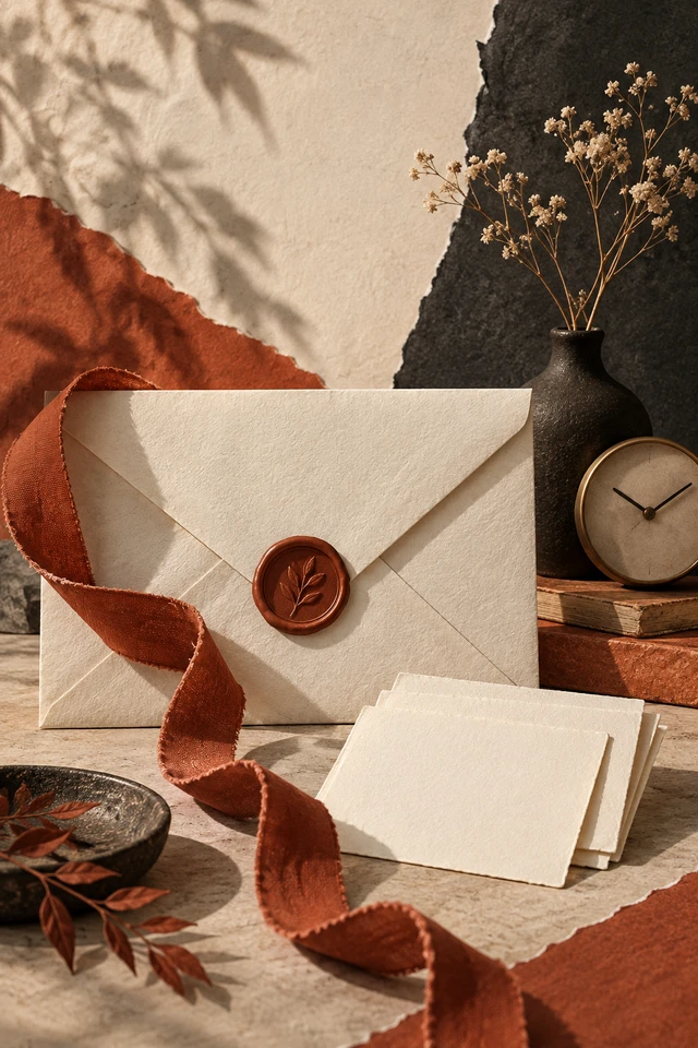 Colagem editorial de envelope, fita, cartões vazios para continuidade da conversa com clientes.