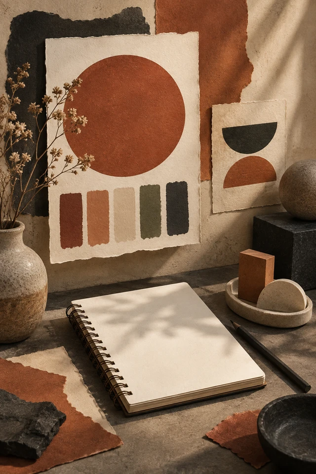 Colagem editorial de amostras de cor, formas geométricas, caderno em branco para sistema visual que diferencia uma marca.