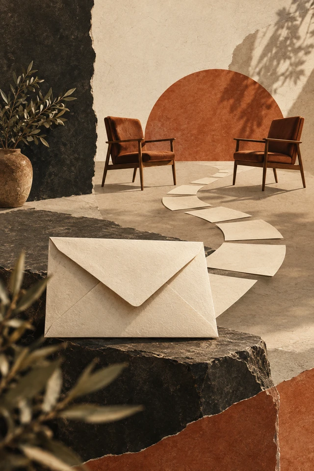 Colagem editorial de duas cadeiras vazias, envelope, caminho de papel para contato qualificado como início de conversa.