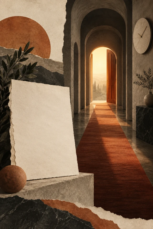 Colagem editorial de corredor, porta iluminada, moldura de página vazia para página que conduz a um próximo passo.