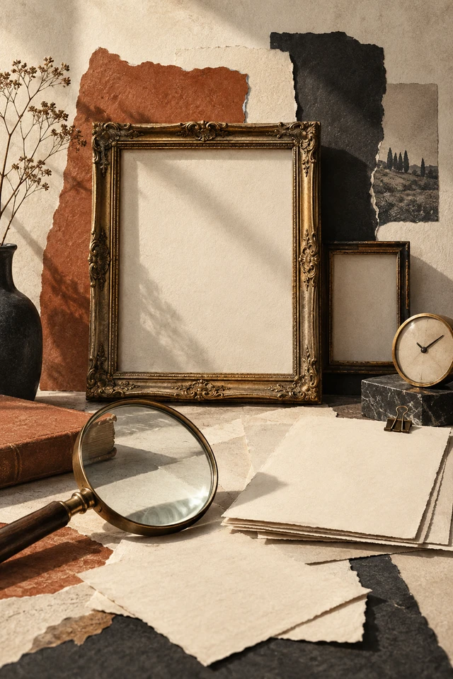 Colagem editorial de molduras vazias, lupa e documentos em branco.