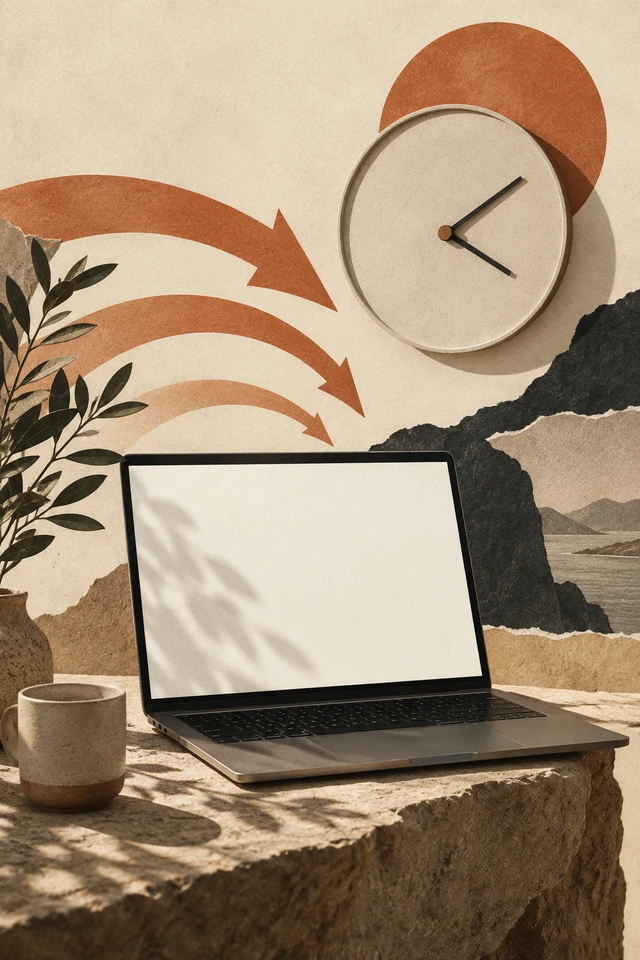 Colagem editorial de notebook com tela vazia, setas de papel e relógio sem números para experiência digital clara.