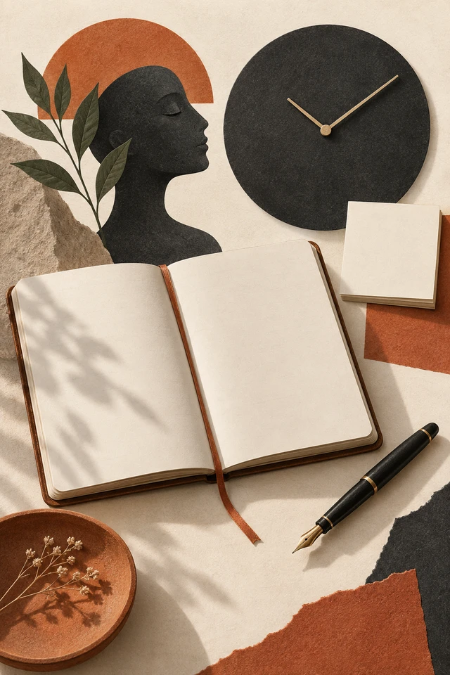 Colagem editorial de agenda sem números, relógio e bloco de notas.