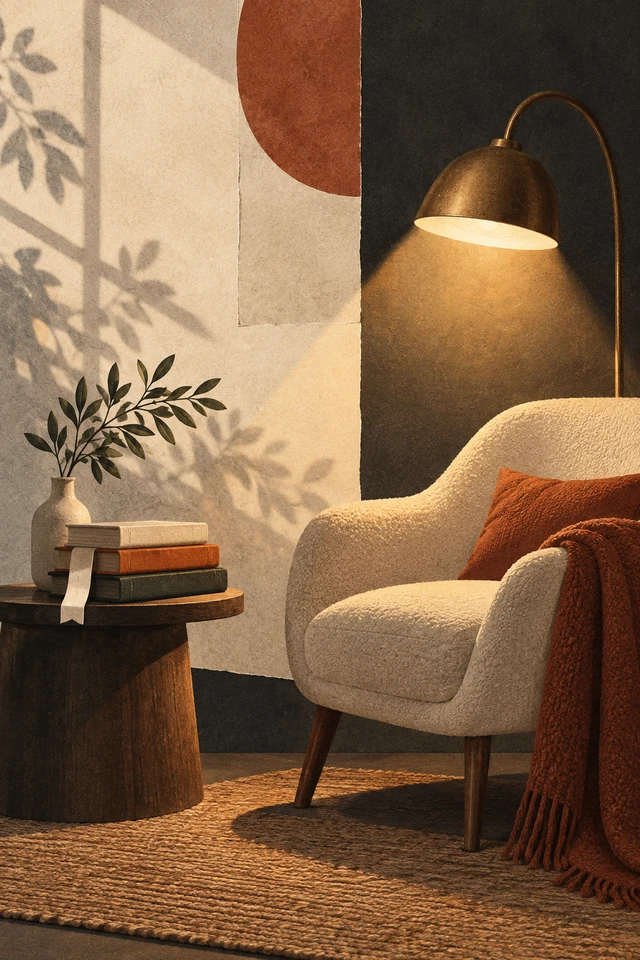 Colagem editorial de livros, marcador e cadeira em ambiente de leitura.