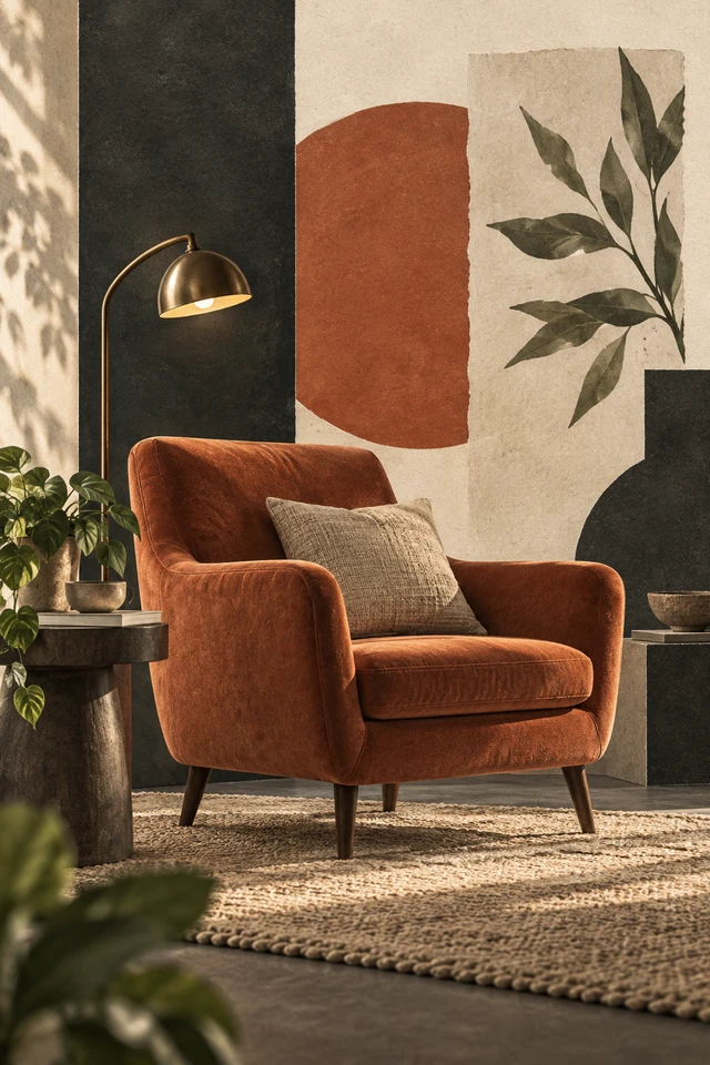 Colagem editorial de poltrona, luminária, planta e tapete em consultório acolhedor.