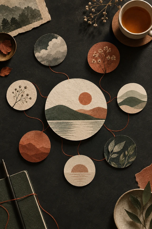 Círculos de papel conectados sobre mesa escura com caderno e chá