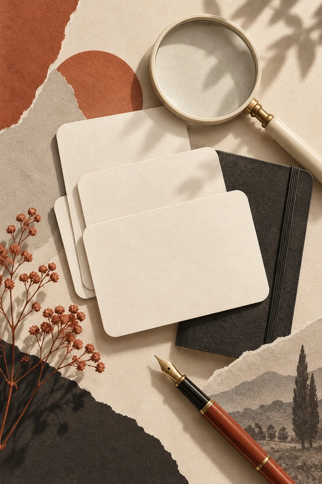 Colagem editorial de cartões em branco, lupa e caderno.