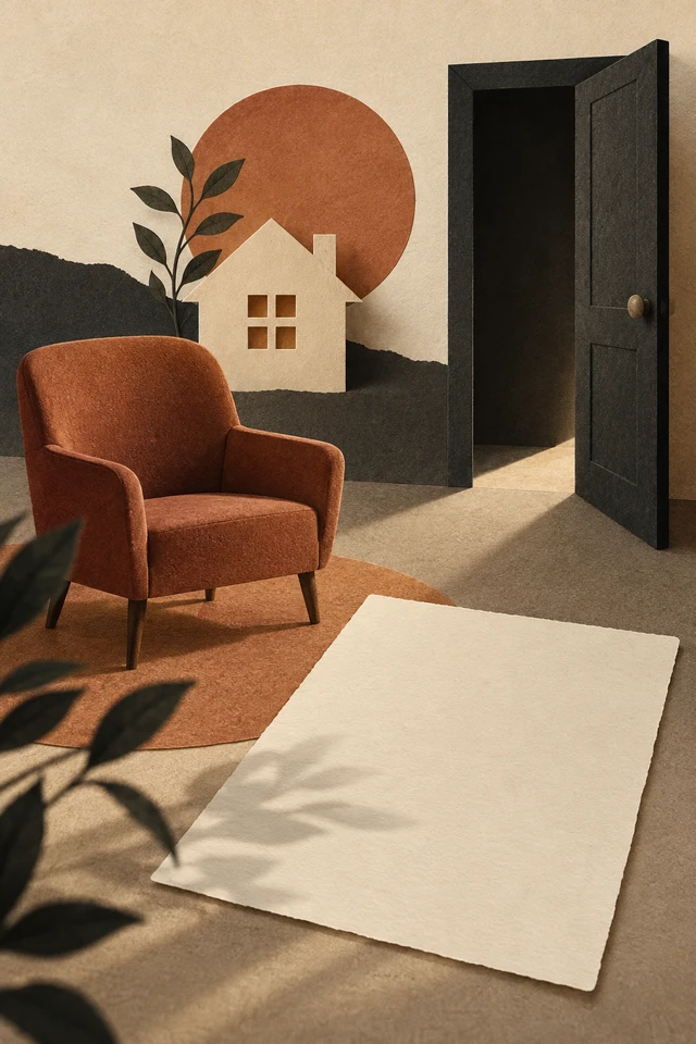 Colagem editorial de casa recortada, poltrona, porta e página em branco.